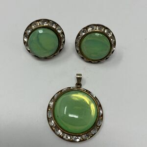 VTG Green Glass Cabochon Crystal Rhinestone Pendant Screwback Earring Set
